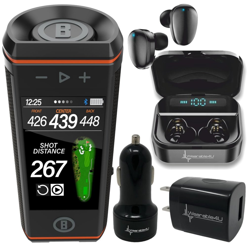 Bushnell Wingman HD View Golf Speaker, 3.5" Touchscreen, GPS Distances, Premium 360 Audio, Waterproof Design, Magnetic Cart Mount with Wearable4U Black Earbuds & Car/Wall Chargers Bundle