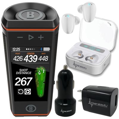 Bushnell Wingman HD View Golf Speaker, 3.5" Touchscreen, GPS Distances, Premium 360 Audio, Waterproof Design, Magnetic Cart Mount with Wearable4U White Earbuds & Car/Wall Chargers Bundle
