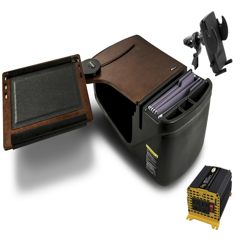 AutoExec Reach Desk Front Seat Car Desk and Portable Workstation with 400 watt Power Inverter and Phone Vent Clip, Mahogany