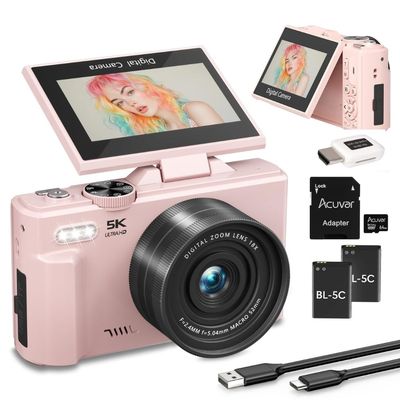 4K/5K Digital Camera  75MP UHD Vlogging Camera for Photography & Video, WiFi, Autofocus, 3" Flip Screen, 18X Zoom  Compact Starter Kit (Pink)