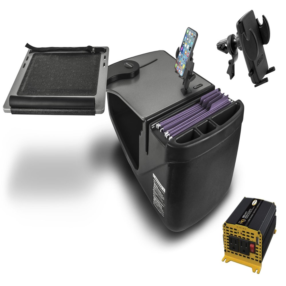 AutoExec Reach Desk Front Seat Car Desk and Portable Workstation 400 watt Power Inverter, Phone Mount and Phone Vent Clip, Grey