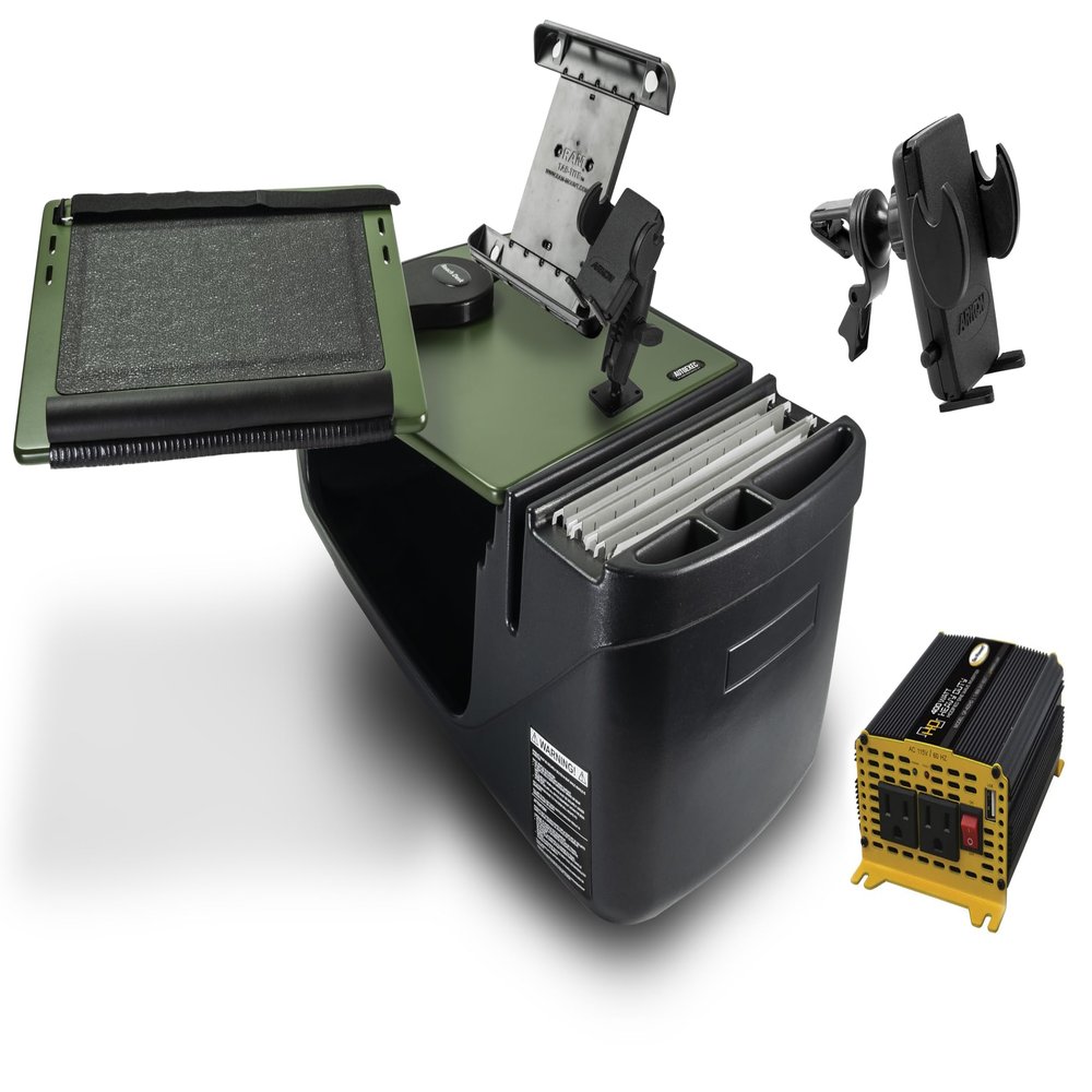 AutoExec Reach Desk Front Seat Car Desk and Portable Workstation with 400 watt Power Inverter, Phone Mount, Tablet Mount and Phone Vent Clip, Army Green