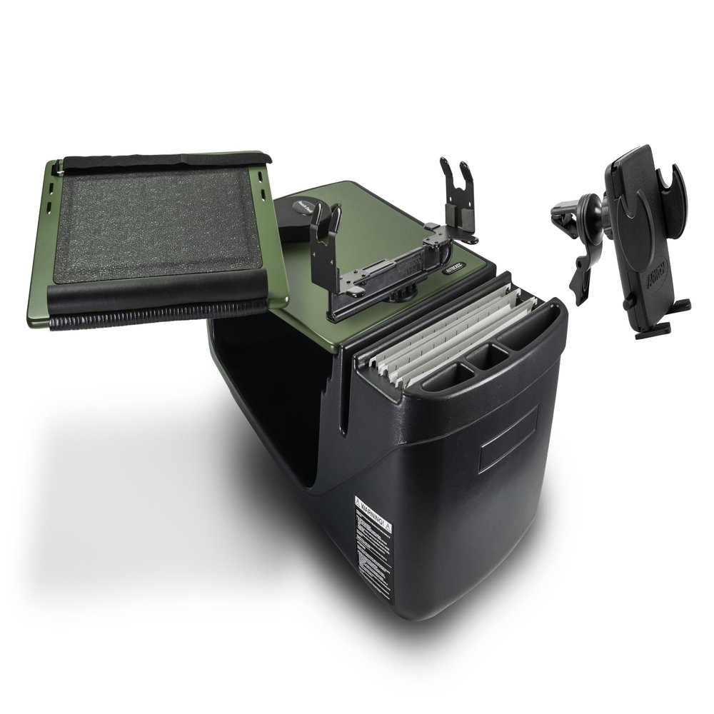 AutoExec Reach Desk Front Seat Car Desk and Portable Workstation with Printer Stand and Phone Vent Clip, Army Green