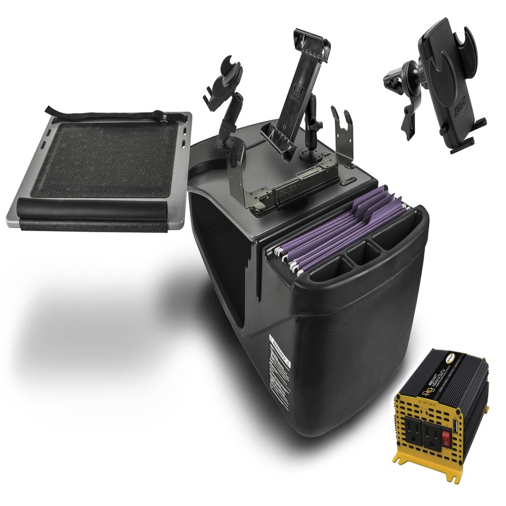 AutoExec Reach Desk Front Seat Car Desk and Portable Workstation 400 watt Power Inverter, Printer Stand, Phone Mount, Tablet Mount and Phone Vent Clip, Grey