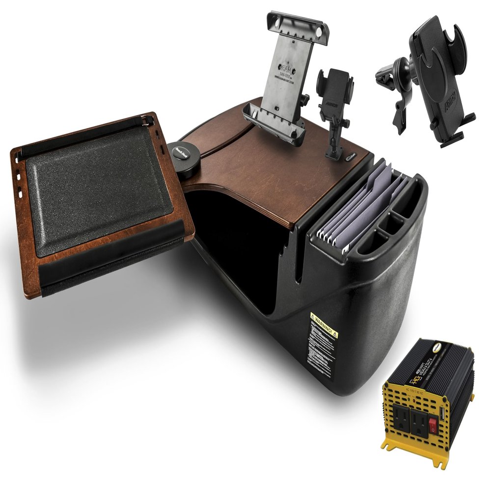 AutoExec Reach Desk Front Seat Car Desk and Portable Workstation with 400 watt Power Inverter, Phone Mount, Tablet Mount and Phone Vent Clip, Mahogany