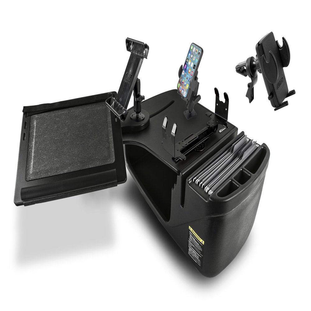 AutoExec Reach Desk Front Seat Car Desk and Portable Workstation with Printer Stand, Phone Mount, Tablet Mount and Phone Vent Clip, Black
