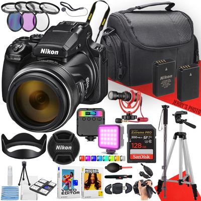 Nikon COOLPIX P1100 Digital Camera with NIKKOR 24-3000mm Lens + Rode Microphone + RGB LED Video Light + 64GB Memory + Monopod + Filters + Tripod + More (29pc Bundle) (Renewed)