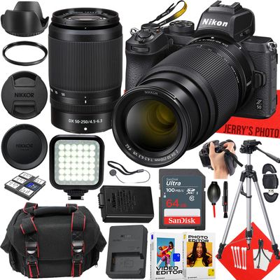 Nikon Z50 Mirrorless Camera with Nikon NIKKOR Z DX 50-250mm f/4.5-6.3 VR Lens + 64 GB Memory + LED Light + Camera Case + Tripod + More (25pc Bundle) (Renewed)