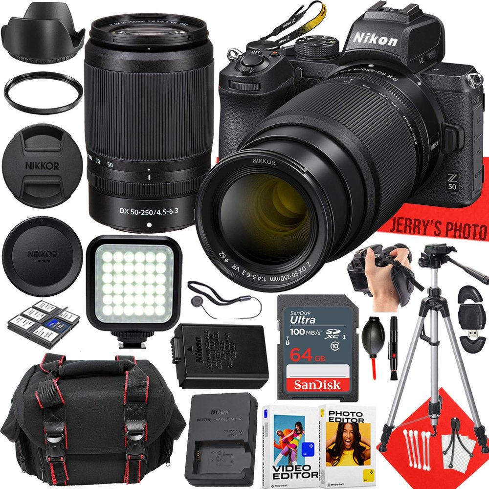 Nikon Z50 Mirrorless Camera with Nikon NIKKOR Z DX 50-250mm f/4.5-6.3 VR Lens + 64 GB Memory + LED Light + Camera Case + Tripod + More (25pc Bundle) (Renewed)