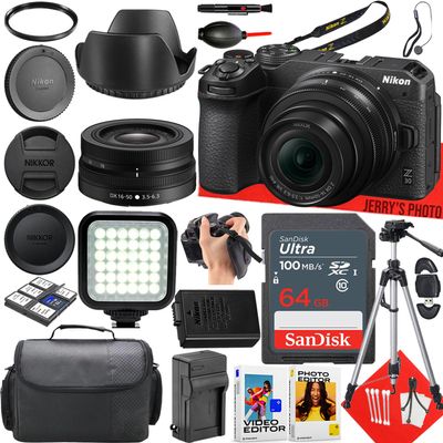 Nikon Z30 Mirrorless Camera with Nikon NIKKOR Z DX 16-50mm f/3.5-6.3 VR Lens + 64 GB Memory + LED Light + Camera Case + Tripod + More (24pc Bundle) (Renewed)