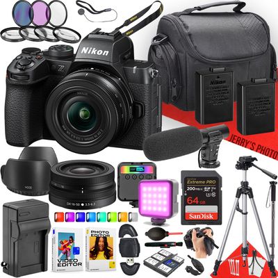 Nikon Z50II Mirrorless Camera with NIKKOR Z DX 16-50mm F/3.5-6.3 VR Lens + Microphone + LED Light + 64GB Memory + Monopod + Filters + Tripod + More (33pc Bundle) (Renewed)