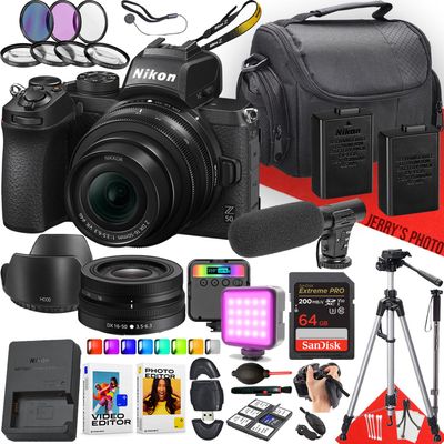 Nikon Z50 Mirrorless Camera with NIKKOR Z DX 16-50mm F/3.5-6.3 VR Lens + Microphone + LED Light + 64GB Memory + Monopod + Filters + Tripod + More (34pc Bundle) (Renewed)
