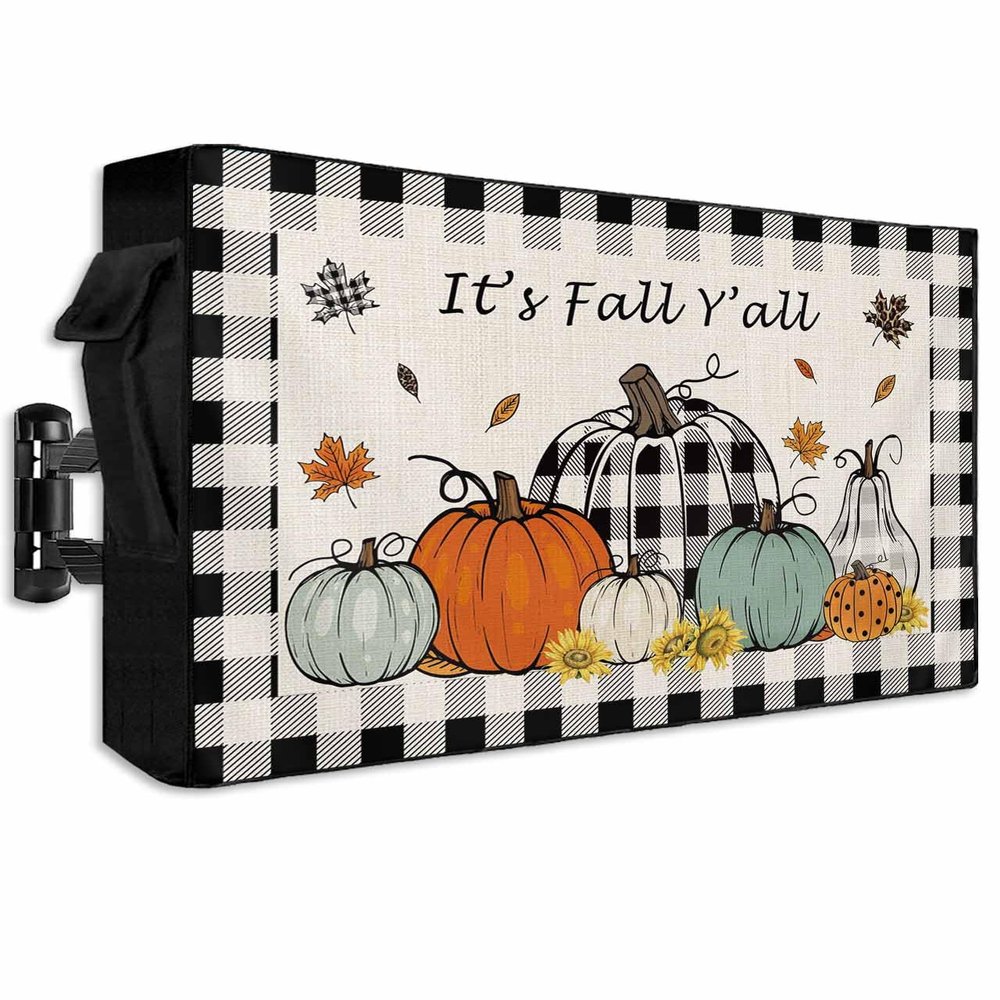 Fall Pumpkin Outdoor TV Cover 70 to 75 inch It's Fall Y'all Buffalo Plaids Autumn Harvest Waterproof Weatherproof TV Covers for Outside with Zipper Remote Control Pocket Outdoor Flat Screen Protector