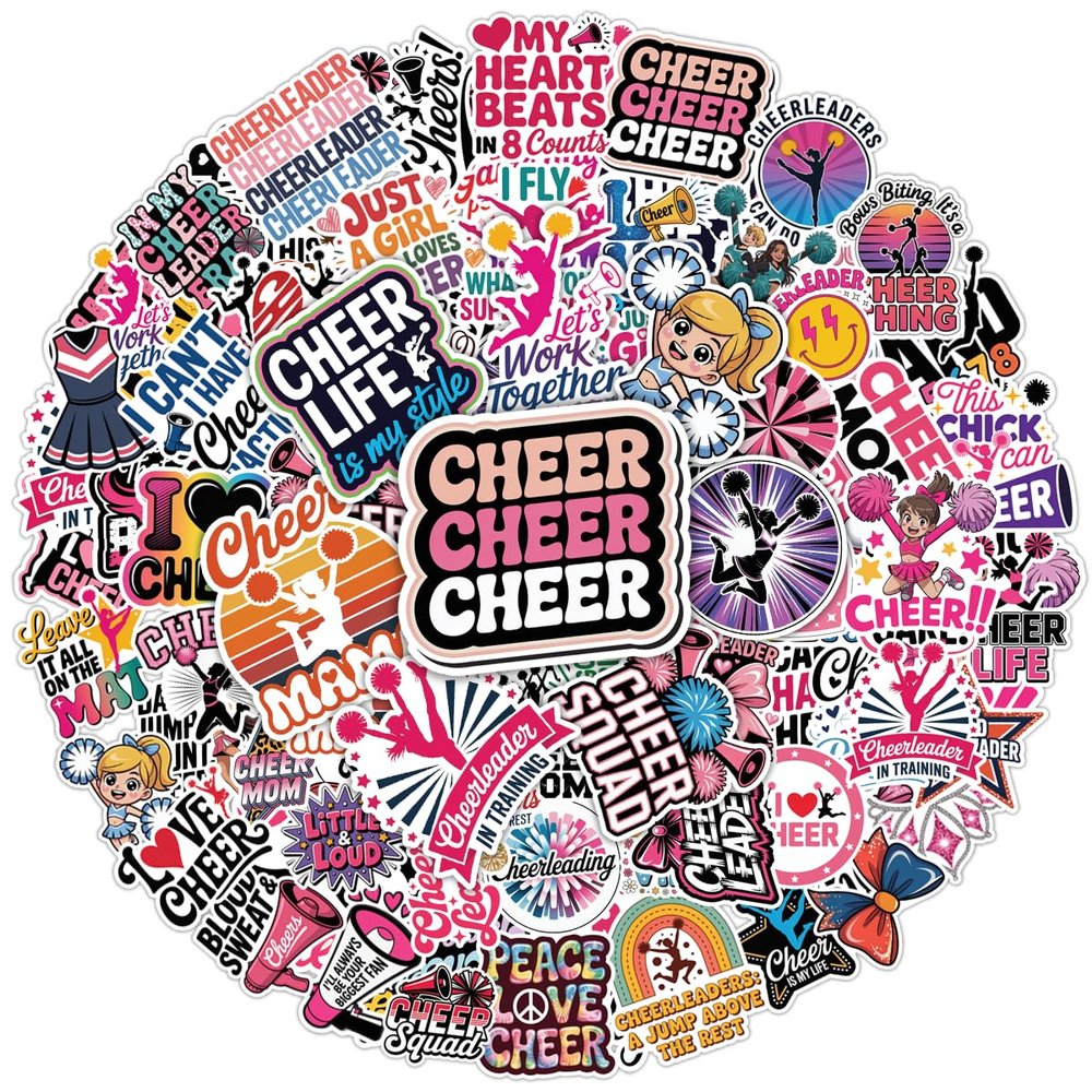100PCS Cheer Stickers Cheerleading Vinyl Waterproof Decals for Squad Spirit, Laptop, Water Bottles, Scrapbooking, Journals, Perfect Cheerleader Gifts and Daily Decoration