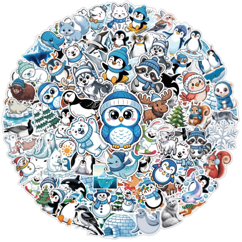 100PCS Winter Stickers Cute Arctic Animal Vinyl Waterproof Decals with Polar Bears, Penguins, Seals, Reindeer for Laptop, Water Bottles, Scrapbooking, Journals and Daily Decoration