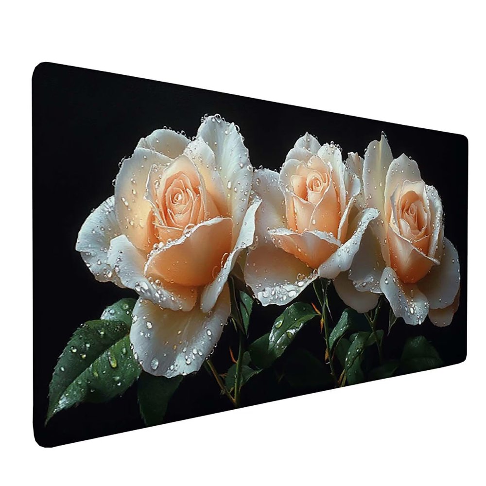 White Large Mouse Pad 36 X 12 Inch, Rose Desk Mat with Anti-Slip Rubber Base, Waterproof Mousepad with 3MM Stitched Edges Gaming Mouse Pad Desk Accessories Mousepad for Gaming Office Home -bby2509Y1