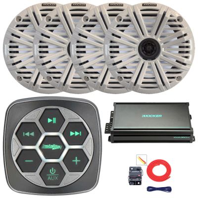 Marine Bluetooth 3-Zone Controller, 4X 6.5 195 Watt Max Power 4 Ohm Coaxial Speakers, 4X 6.5 Grille Speakers, 4-Channel 90 Watts x 4 Full-Range Amplifier, 8 Gauge Wiring Kit (White)