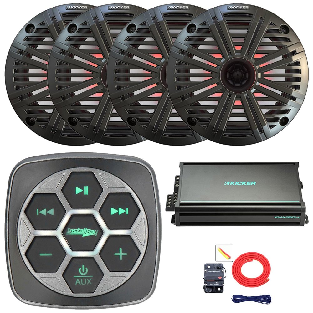 Marine Bluetooth 3-Zone Controller, 4X 6.5 195 Watt Peak Power 4 Ohm RGB LED Coaxial Speakers, 4X 6.5 Grille Speakers, 4-Channel 90 Watts x 4 Amplifier, 8 Gauge Wiring Kit
