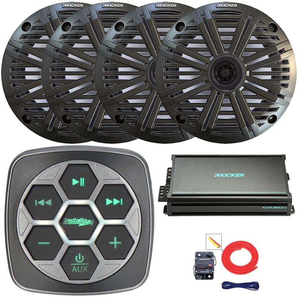 Marine Bluetooth 3-Zone Controller, 4X 6.5 195 Watt Max Power 4 Ohm Coaxial Speakers, 4X 6.5 Grille Speakers, 4-Channel 90 Watts x 4 Full-Range Amplifier, 8 Gauge Wiring Kit