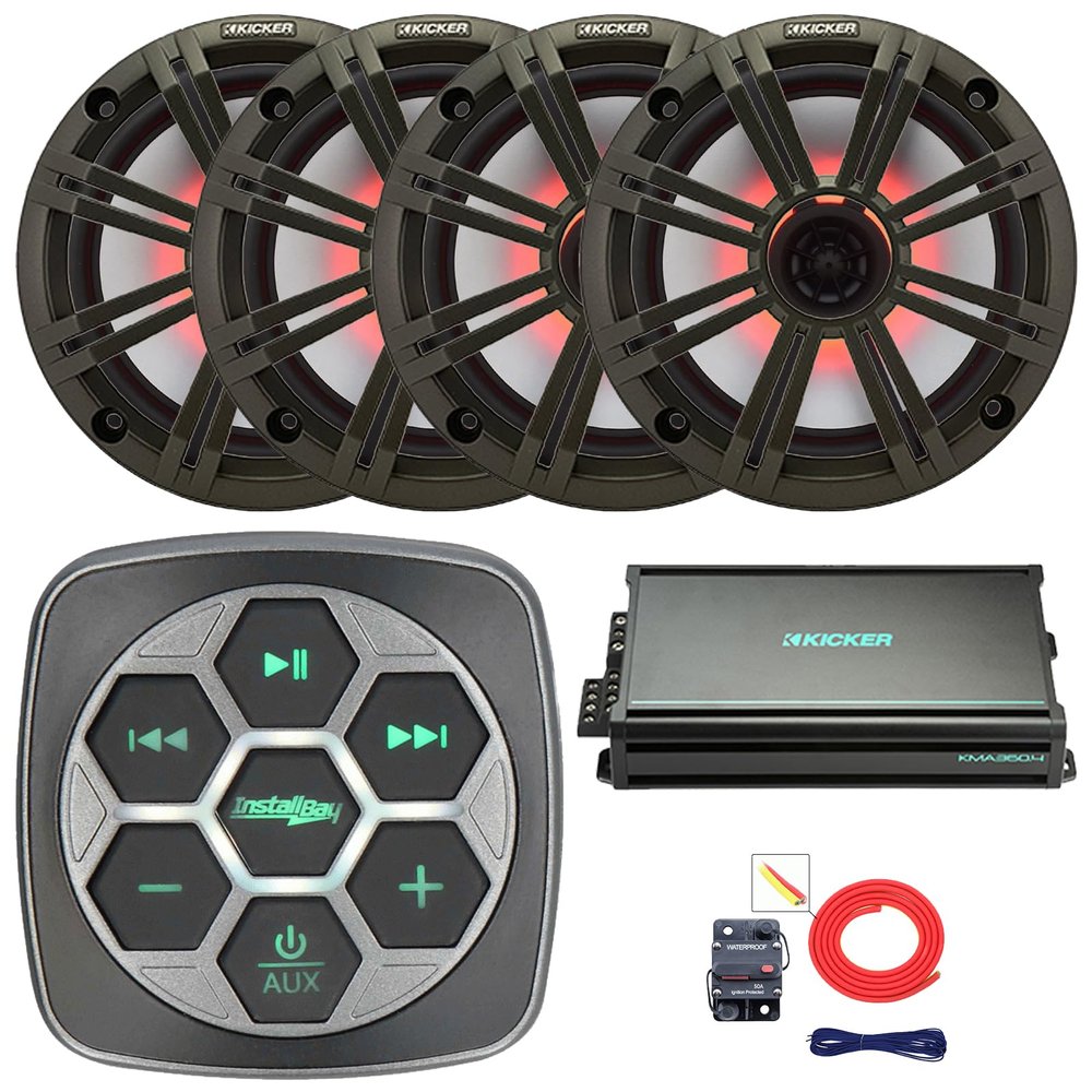 Marine Bluetooth 3-Zone Controller, 4X 6.5 195 Watt Max Power 4 Ohm RGB LED Coaxial Speakers, 4X 6.5 Grille Speakers, 4-Channel 90 Watts x 4 Amplifier, 8 Gauge Wiring Kit