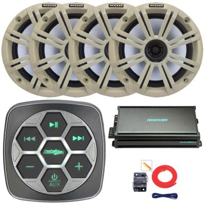 Marine Bluetooth 3-Zone Controller, 4X 6.5 195 Watt Peak Power 4 Ohm Coaxial Speakers, 4X 6.5 Grille Speakers, 4-Channel 90 Watts x 4 Full-Range Amplifier, 8 Gauge Wiring Kit (White)