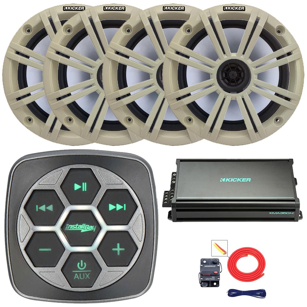 Marine Bluetooth 3-Zone Controller, 4X 6.5 195 Watt Peak Power 4 Ohm Coaxial Speakers, 4X 6.5 Grille Speakers, 4-Channel 90 Watts x 4 Full-Range Amplifier, 8 Gauge Wiring Kit (White)