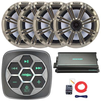 Marine Bluetooth 3-Zone Controller, 4X 6.5 195 Watt Peak Power 4 Ohm Coaxial Speakers, 4X 6.5 Grille Speakers, 4-Channel 90 Watts x 4 Full-Range Amplifier, 8 Gauge Wiring Kit (Silver)