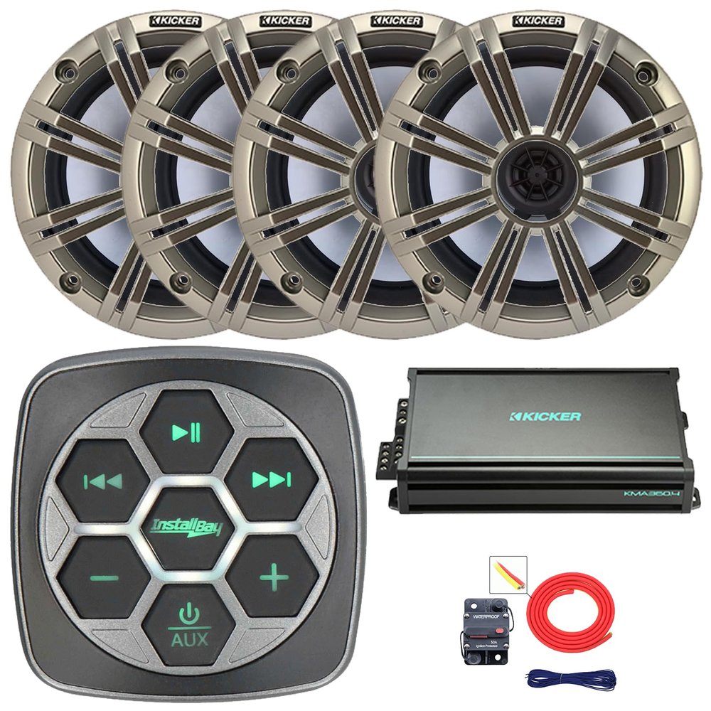 Marine Bluetooth 3-Zone Controller, 4X 6.5 195 Watt Peak Power 4 Ohm Coaxial Speakers, 4X 6.5 Grille Speakers, 4-Channel 90 Watts x 4 Full-Range Amplifier, 8 Gauge Wiring Kit (Silver)