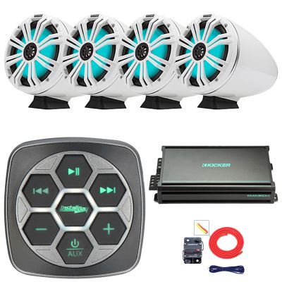 Marine Bluetooth 3-Zone Controller, 4X 8 300 Watt Max Power Tower RGB LED Boat Speakers, 4-Channel 90 Watts x 4 Weather-Resistant Full-Range Amplifier, 8 Gauge Amp Wiring Kit (White)