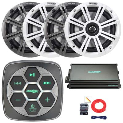 Marine Bluetooth 3-Zone Controller, 4X 6.5 195 Watts Max Power 4-Ohm Boat Coaxial Speakers W/Charcoal and White Grilles, 4-Channel 90 Watts x 4 Weather-Resistant Amplifier, Amp Install Kit