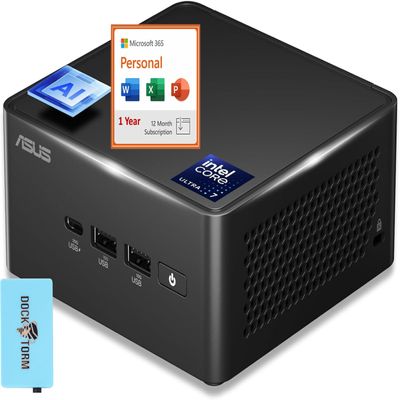 ASUS NUC AI Powered Mini Desktop (Intel Ultra 7-165H, No OS, 8GB DDR5, 128GB PCIe SSD + 1TB HDD, 2 Thunderbolt 4, WiFi 6E, Bluetooth 5.3, Win 11 Home) w/MS 365 Personal, DKZ USB Port Expander