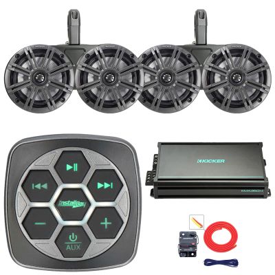 KICKER Marine Bluetooth 3-Zone Controller, 4X 6.5 195W Max 4-Ohm Coaxial Boat Speakers W/Charcoal and White Grilles, 4X Dual Tower Enclosures, 4-Channel 90 Watts x 4 Amplifier W/Kit