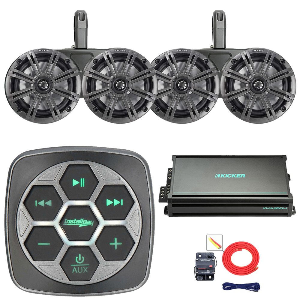 KICKER Marine Bluetooth 3-Zone Controller, 4X 6.5 195W Max 4-Ohm Coaxial Boat Speakers W/Charcoal and White Grilles, 4X Dual Tower Enclosures, 4-Channel 90 Watts x 4 Amplifier W/Kit