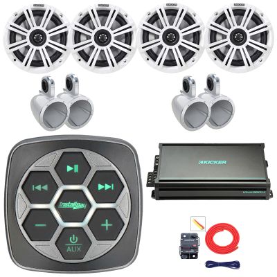 Marine Bluetooth 3-Zone Controller, 4X 6.5 195W Max 4-Ohm Coaxial Boat Speakers W/Charcoal and White Grilles, 4X White Single Tower Enclosures, 4-Channel 90 Watts x 4 Amplifier W/Kit