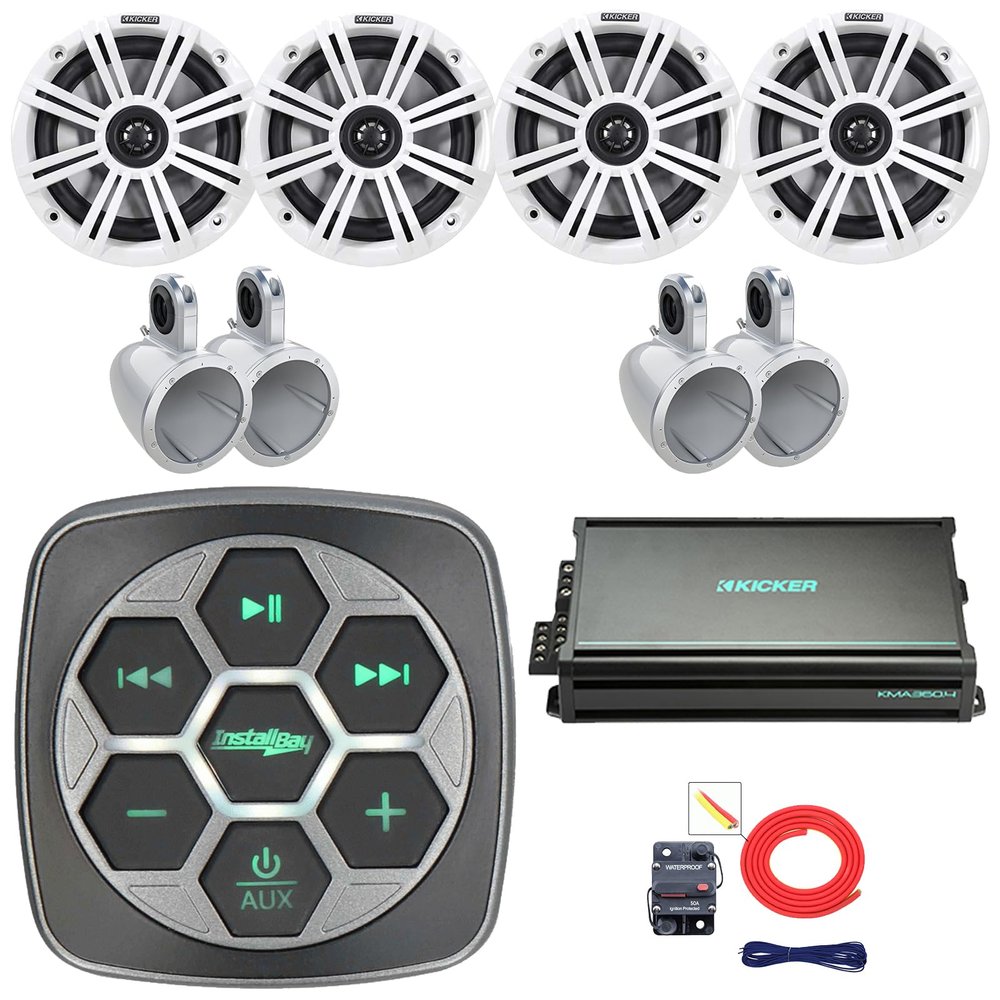 Marine Bluetooth 3-Zone Controller, 4X 6.5 195W Max 4-Ohm Coaxial Boat Speakers W/Charcoal and White Grilles, 4X White Single Tower Enclosures, 4-Channel 90 Watts x 4 Amplifier W/Kit