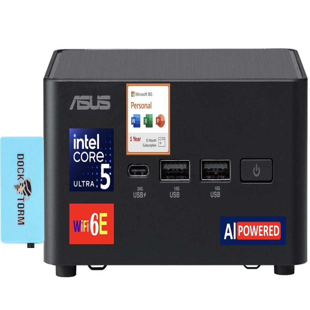 ASUS NUC AI Powered Mini Desktop (Intel Ultra 5-135H, No OS, 8GB DDR5, 128GB PCIe SSD + 1TB HDD, 2 Thunderbolt 4, WiFi 6E, Bluetooth 5.3, Win 11 Home) w/MS 365 Personal, DKZ USB Port Expander