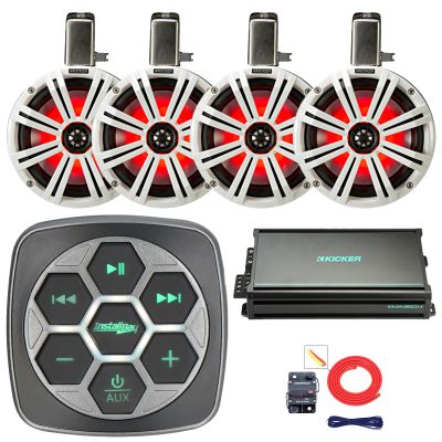 Metra IBBTR19 Marine Bluetooth 3-Zone Controller, 4X 8 LED Loaded Boat Can Coaxial Speakers w/White Grill on White Can, 4-Channel 90 Watts x 4 Weather-Resistant Amplifier, 8 Gauge Amp Wiring Kit
