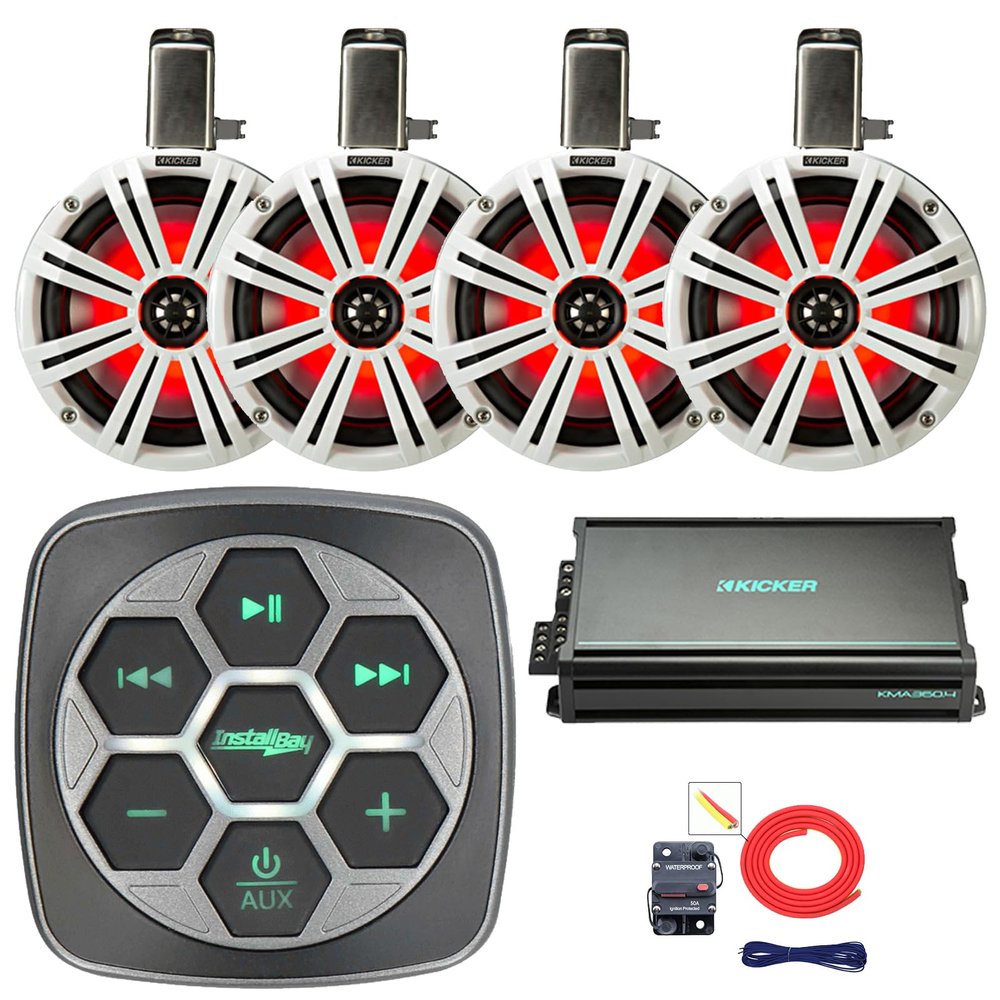 Metra IBBTR19 Marine Bluetooth 3-Zone Controller, 4X 8 LED Loaded Boat Can Coaxial Speakers w/White Grill on White Can, 4-Channel 90 Watts x 4 Weather-Resistant Amplifier, 8 Gauge Amp Wiring Kit