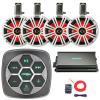 Metra IBBTR19 Marine Bluetooth 3-Zone Controller, 4X 8 LED Loaded Boat Can Coaxial Speakers w/White Grill on White Can, 4-Channel 90 Watts x 4 Weather-Resistant Amplifier, 8 Gauge Amp Wiring Kit view 1