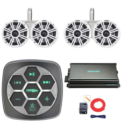 KICKER Marine Bluetooth 3-Zone Controller, 4X 6.5 195W Max 4-Ohm Coaxial Boat Speakers W/Charcoal and White Grilles, 4X Dual Tower Enclosures, 4-Channel 90 Watts x 4 Amplifier W/Kit (White)