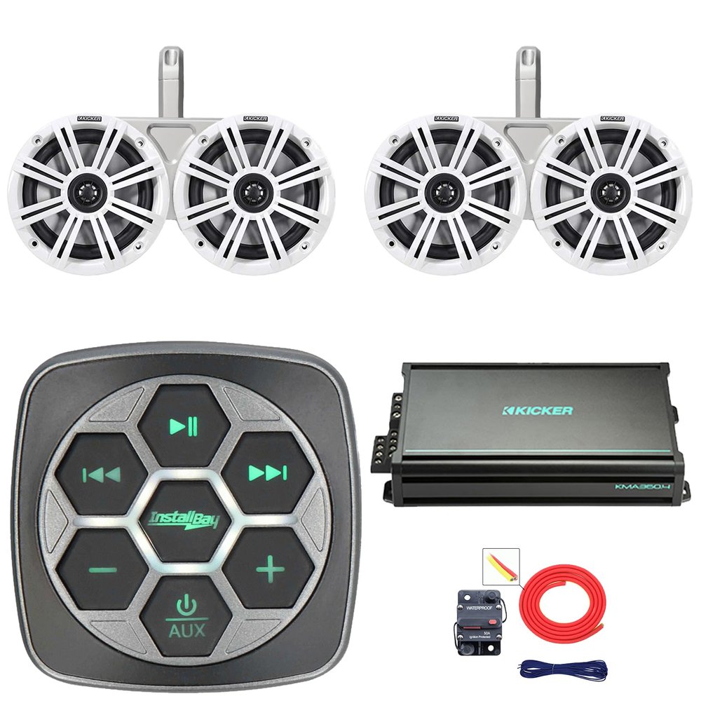 KICKER Marine Bluetooth 3-Zone Controller, 4X 6.5 195W Max 4-Ohm Coaxial Boat Speakers W/Charcoal and White Grilles, 4X Dual Tower Enclosures, 4-Channel 90 Watts x 4 Amplifier W/Kit (White)