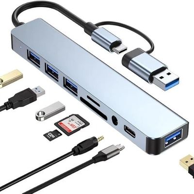 8-in-1 USB 3.0 Hub Dual Connector, Multiport USB Expansion Docking Station for Laptop, Type-C & USB Interface Splitter