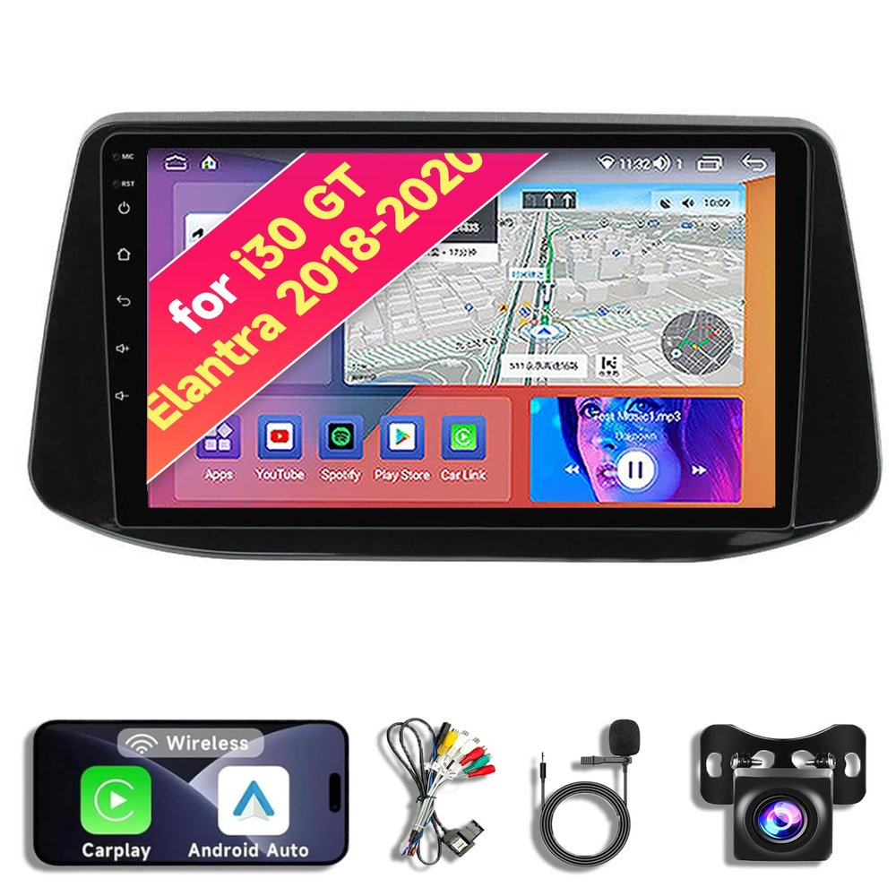 8CORE 2+32GB Android 14 Car Radio Stereo for 2018-2020 Hyundai i30 Elantra GT - 9.11" QLED Touch Screen, Upgrade Dash Kit with CarPlay & Android Auto, GPS Navigation, SWC Support, Bluetooth 5, WiFi,