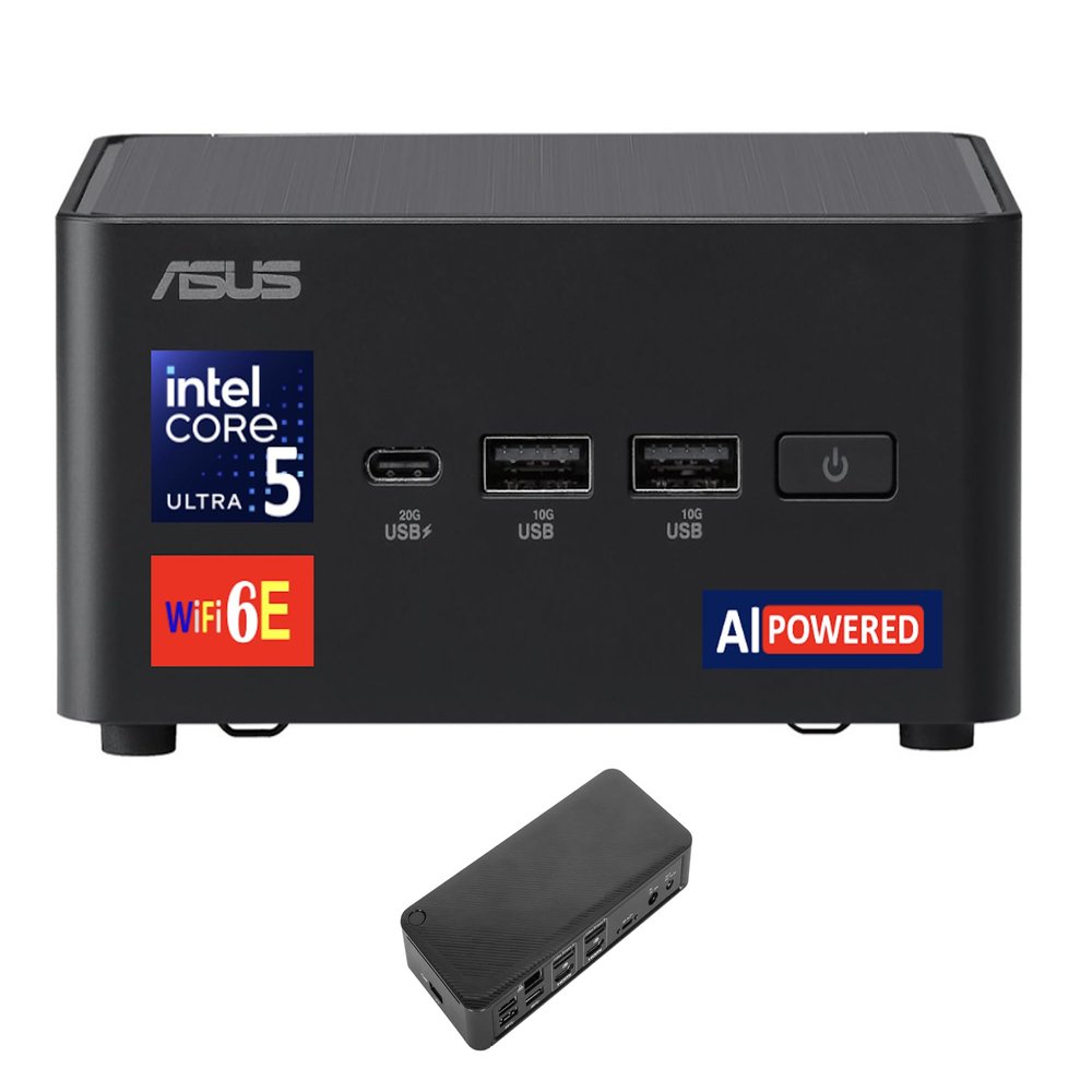 ASUS NUC AI Powered Mini Desktop (Intel Ultra 5-135H, No OS, 8GB DDR5, 128GB PCIe SSD + 500GB HDD, 2 Thunderbolt 4, WiFi 6E, Bluetooth 5.3, 120W PSU, RJ-45, 2 HDMI, Win 11 Pro) w/USB-C Dock