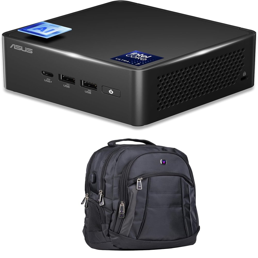 ASUS NUC AI Powered Mini Desktop (Intel Ultra 7-165H, No OS, 8GB DDR5, 1TB PCIe SSD + 1TB HDD, 2 Thunderbolt 4, WiFi 6E, Bluetooth 5.3, 120W PSU, RJ-45, 2 x HDMI 2.1, Win 11 Pro) w/Premium Backpack