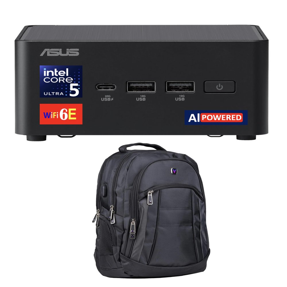 ASUS NUC AI Powered Mini Desktop (Intel Ultra 5-135H, No OS, 32GB DDR5, 256GB PCIe SSD + 1TB HDD, 2 Thunderbolt 4, WiFi 6E, Bluetooth 5.3, 120W PSU, RJ-45, 2 HDMI, Win 11 Home) w/Premium Backpack