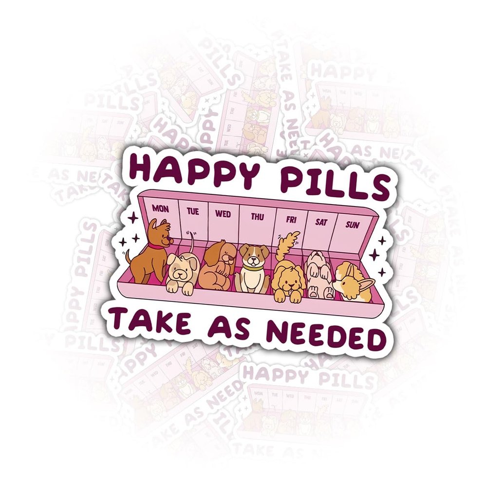 (3 Pcs) Happy Pills Take As Needed Sticker  Cute Dog Pillbox Mental Health Vinyl Decal Waterproof for Laptop, Journal, Water Bottle  Self-Care Gift for Nurses, Mental Health Stickers