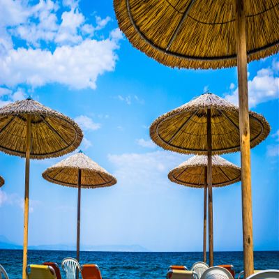 10X7ft Fabric Beach Scene Photography Backdrop, Tropical Tiki Umbrellas with Ocean View, Summer Party Photo Background, Studio Props