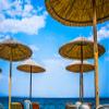 10X7ft Fabric Beach Scene Photography Backdrop, Tropical Tiki Umbrellas with Ocean View, Summer Party Photo Background, Studio Props view 1