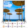 10X7ft Fabric Beach Scene Photography Backdrop, Tropical Tiki Umbrellas with Ocean View, Summer Party Photo Background, Studio Props view 2